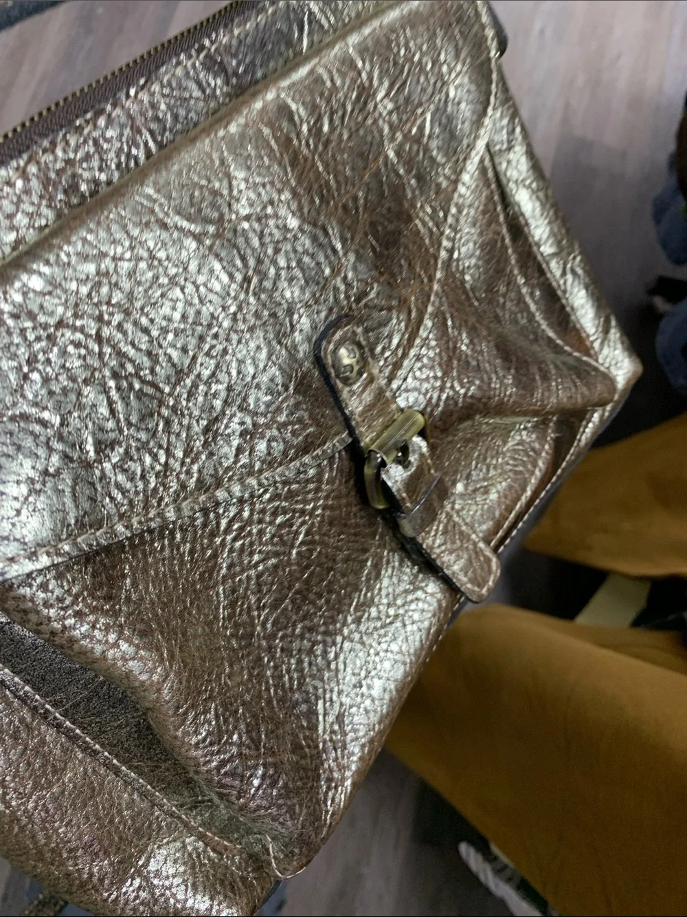 Patricia Nash Metallic Gold Leather Crossbody with Front Buckle Pocket